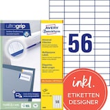 thumbnail of Etiquetas universales, A4 con ultragrip, 52,5 x 21,2 mm, 100 hojas/5.600 etiquetas, blancas.