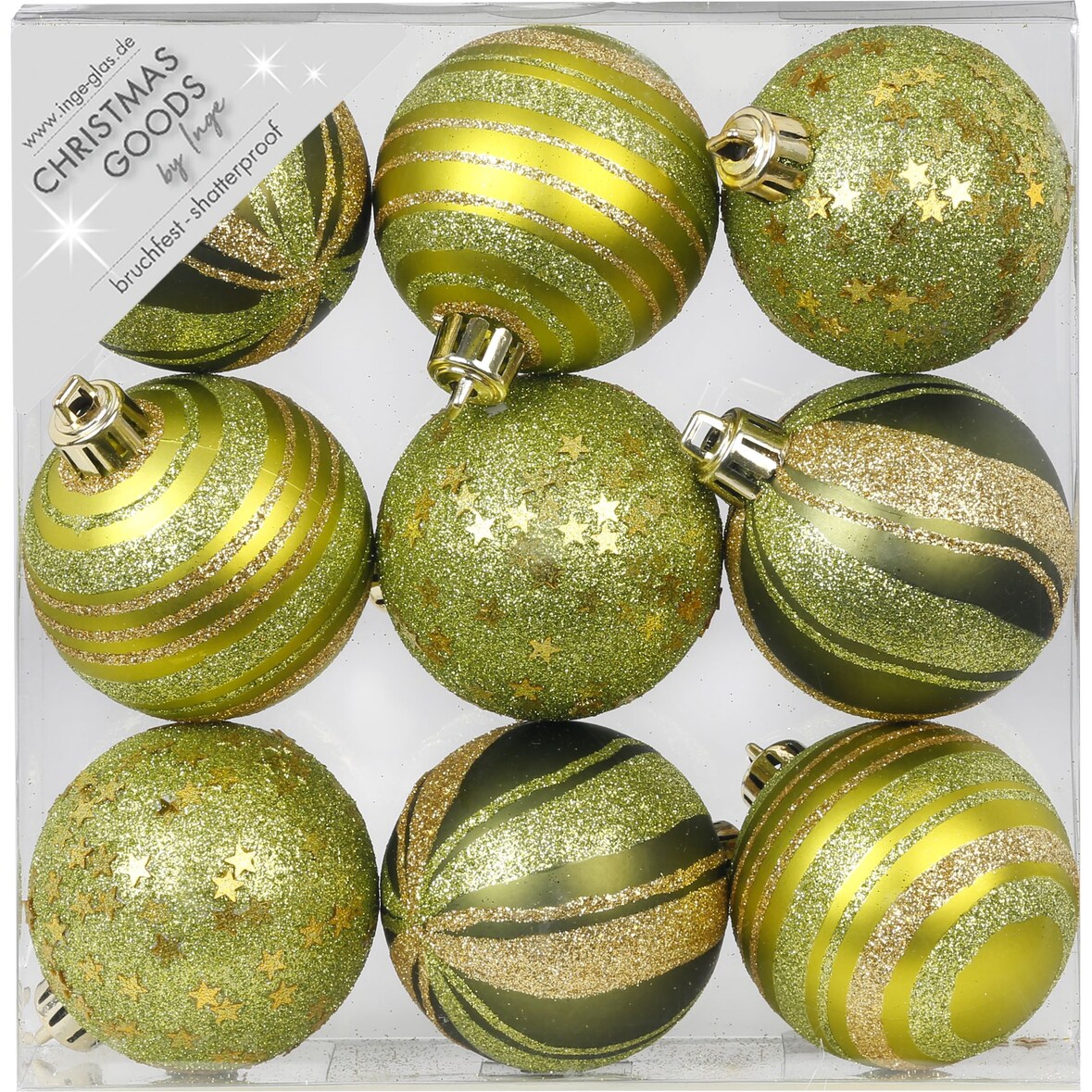 9 Weihnachtskugeln Kunststoff 6cm mit Glitzer und Muster klassisch & bruchsicher Christbaumkugeln Weihnachtsbaumkugeln Christbaumschmuck Olive Green