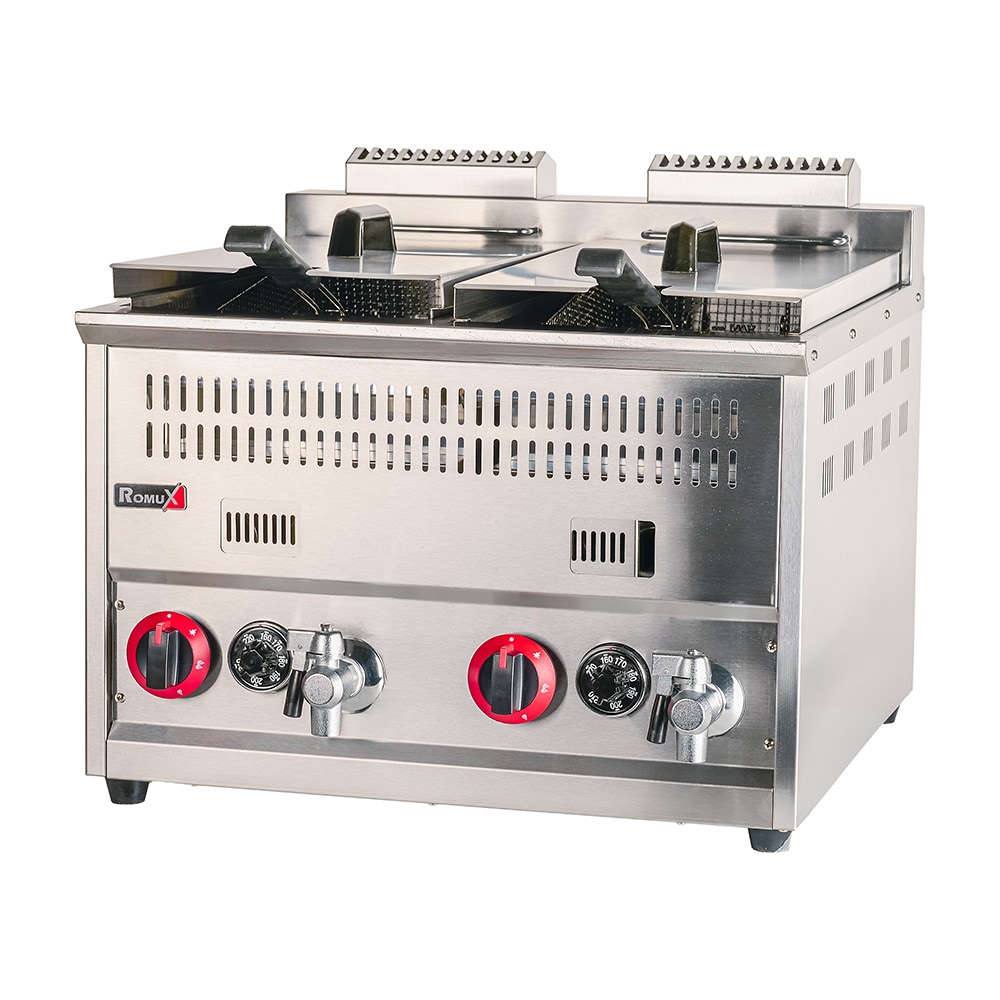 Romux® Friteuse À Gaz Naturel Professionnelle 17+17 Litres Double de Table | Friteuse en Acier Inoxydable avec Robinet de Vidange 12000 W