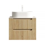 thumbnail of Badezimmer-Waschtisch 60x46x62 Ovales Keramikbecken Sintersteinplatte Schrank Sperrholz Soft-Close Schubladen Modern Weiß+Eiche