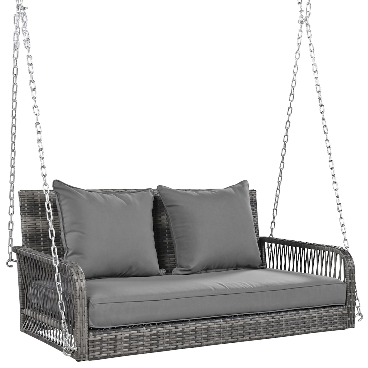 Merax Hollywoodschaukel, Gartenschaukel, Gartenmöbel-Set, Graues Rattan, graues Sitzkissen, 2 Sitze, mit Sitzkissen und Rückenkissen