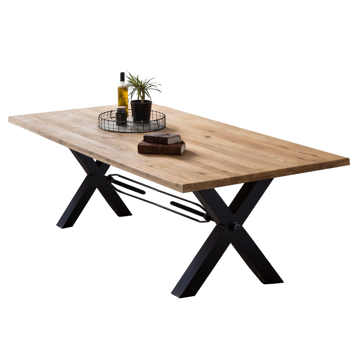 SIT Möbel Eettafel 220 x 100 x 76 cm | Tafelblad 40 mm | natuurlijke wilde eik | X onderstel metaal antiek zwart | 15882-11 | Serie TABLES & CO