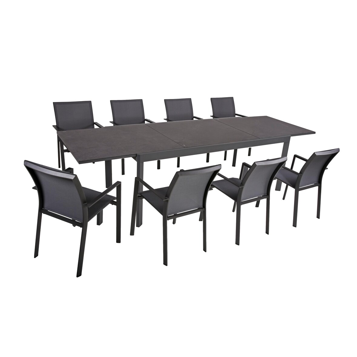 Garten-Sitzgruppe EERO 9-tlg. - Kunststoff, Grau | Gartenmöbel-Set Gartengarnitur Garten-Essgruppe mit Stapelstühlen und Esstisch ausziehbar