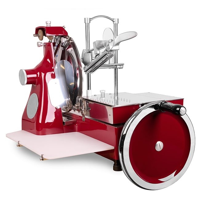 FAC - Affettatrice manuale a volano verticale salumi, lama diametro 370 mm, colori di serie rosso, mod.370VOLANOSTD