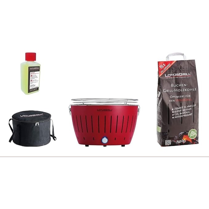 LotusGrill - Special Bundle BBQ Classic Rosso (cm 35) con 2,5 Kg Carbonella e Gel Combustibile
