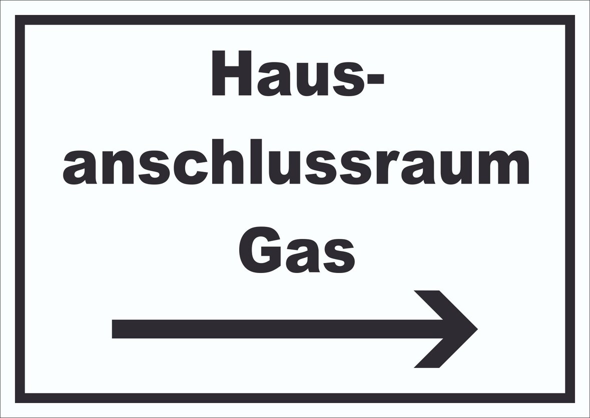 Hausanschlussraum Gas Schild mit Text und Richtungspfeil rechts HAR waagerecht A1 Rückseite selbstklebend