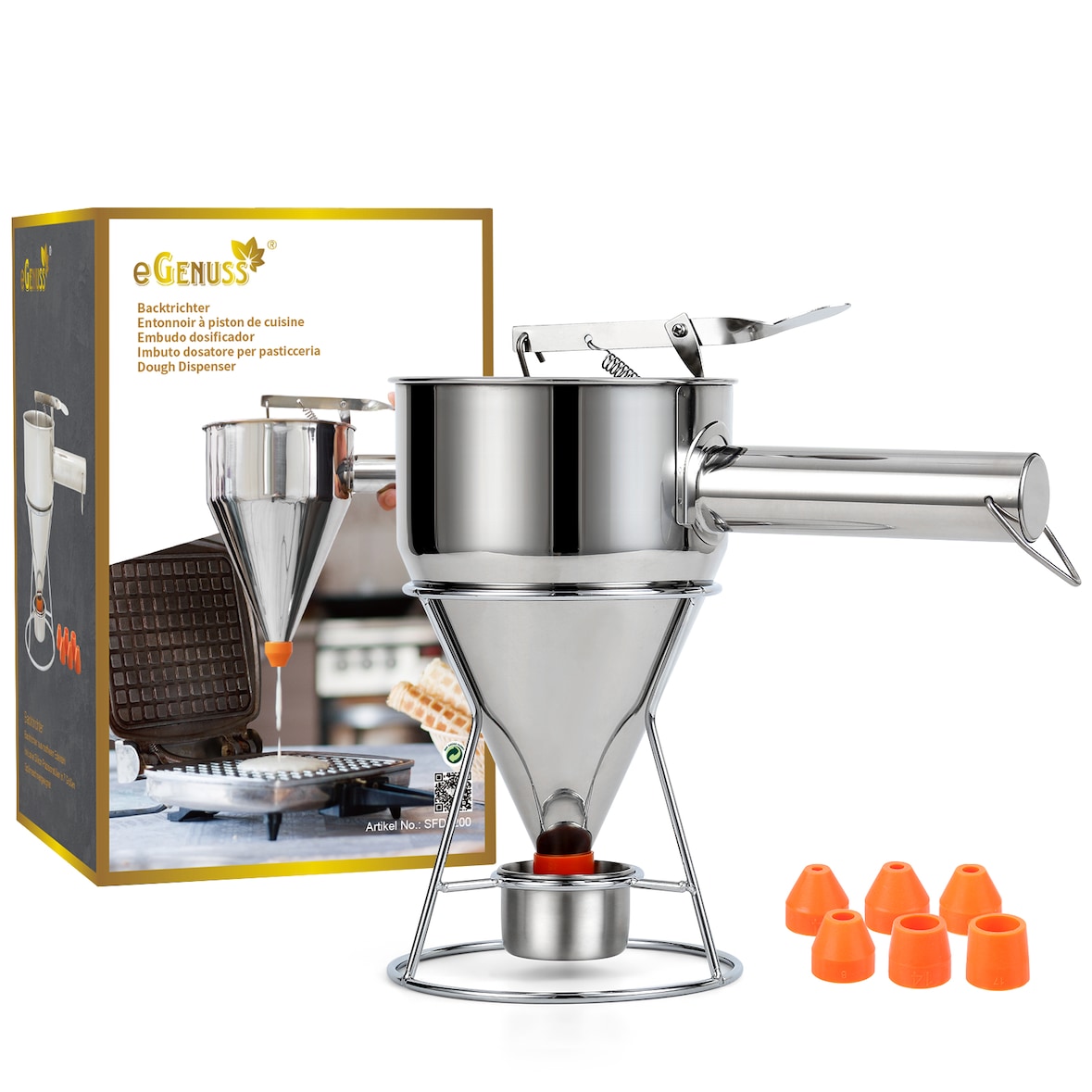 eGenuss 1 Edelstahl Backtrichter | 1200ml | Teigspender für Pfannkuchen & Muffins | Teigportionierer & Dosierer
