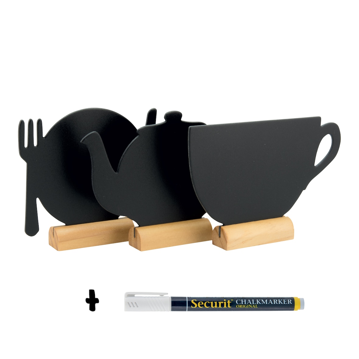 Securit® Conjunto de 3 Mini Quadros de mesa - Silhueta Chávena / Bule / Prato - Base de madeira - Marcador de giz incluído