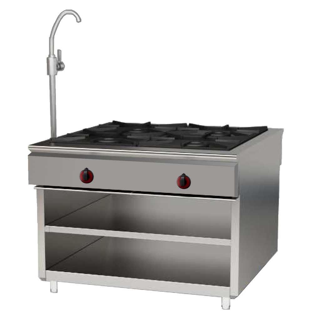 EURAST - Centrale keuken 4 branders op steun met 2 planken, op gas - 1040x1050x900 mm - 22,5 Kw - 40101010