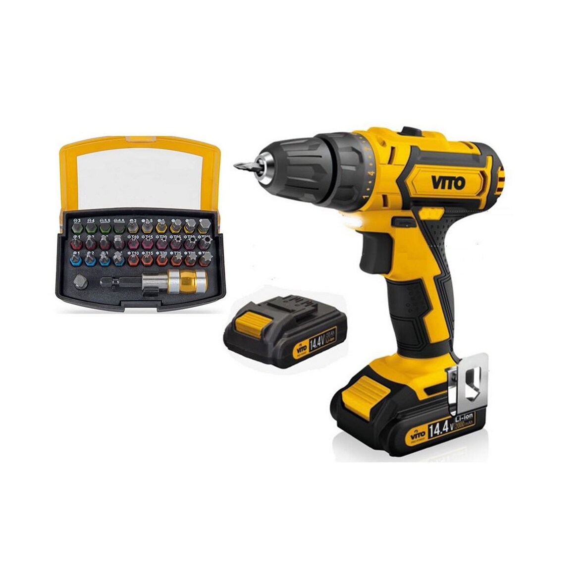 Perceuse Visseuse 14.4V + 2 Batteries Lithium 2Ah + Coffret 32 Embouts + Chargeur et Mallette VITO