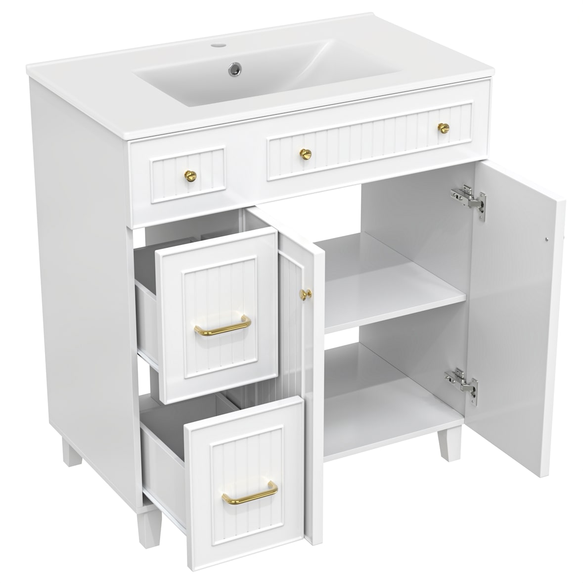 Stehender Badezimmerschrank mit Keramikwaschbecken 90x82x47, Freistehender Waschtisch mit Stauraum, MDF-Platten, weiß
