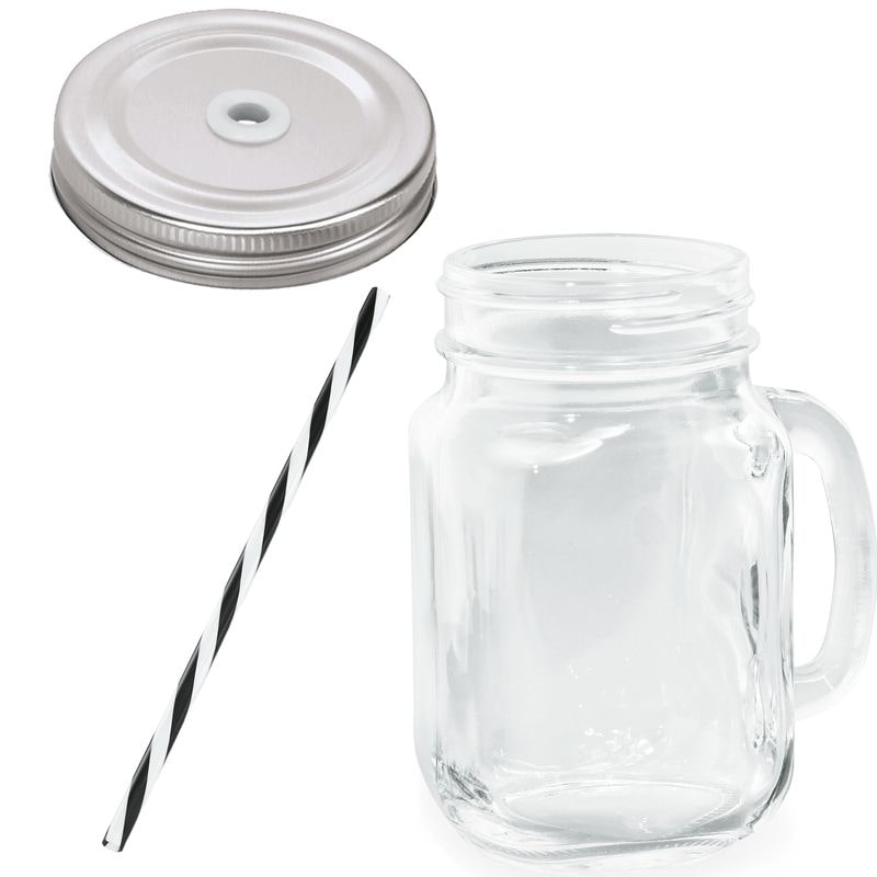 36x WAS Germany Trinkglas Caro mit Henkel 450 ml, mit Deckel und Strohhalm