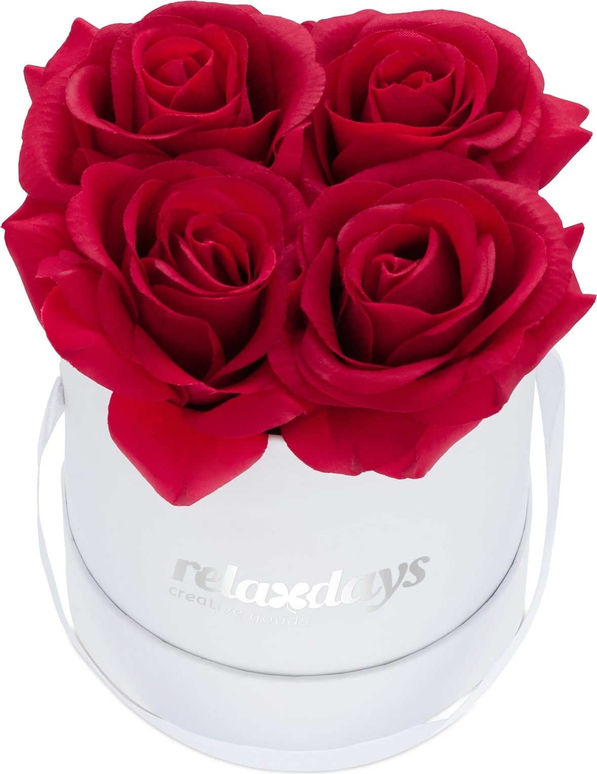 Relaxdays Rosenbox rund, 4 Rosen, stabile Flowerbox weiß, lange Haltbarkeit, Geschenkidee, dekorative Blumenbox, rot
