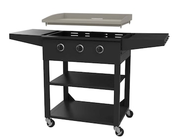 aro 3-pits gasgrillplaat, grilloppervlak 73 × 55 cm, met zijtafel, verrijdbaar, roestvrij staal, zwart