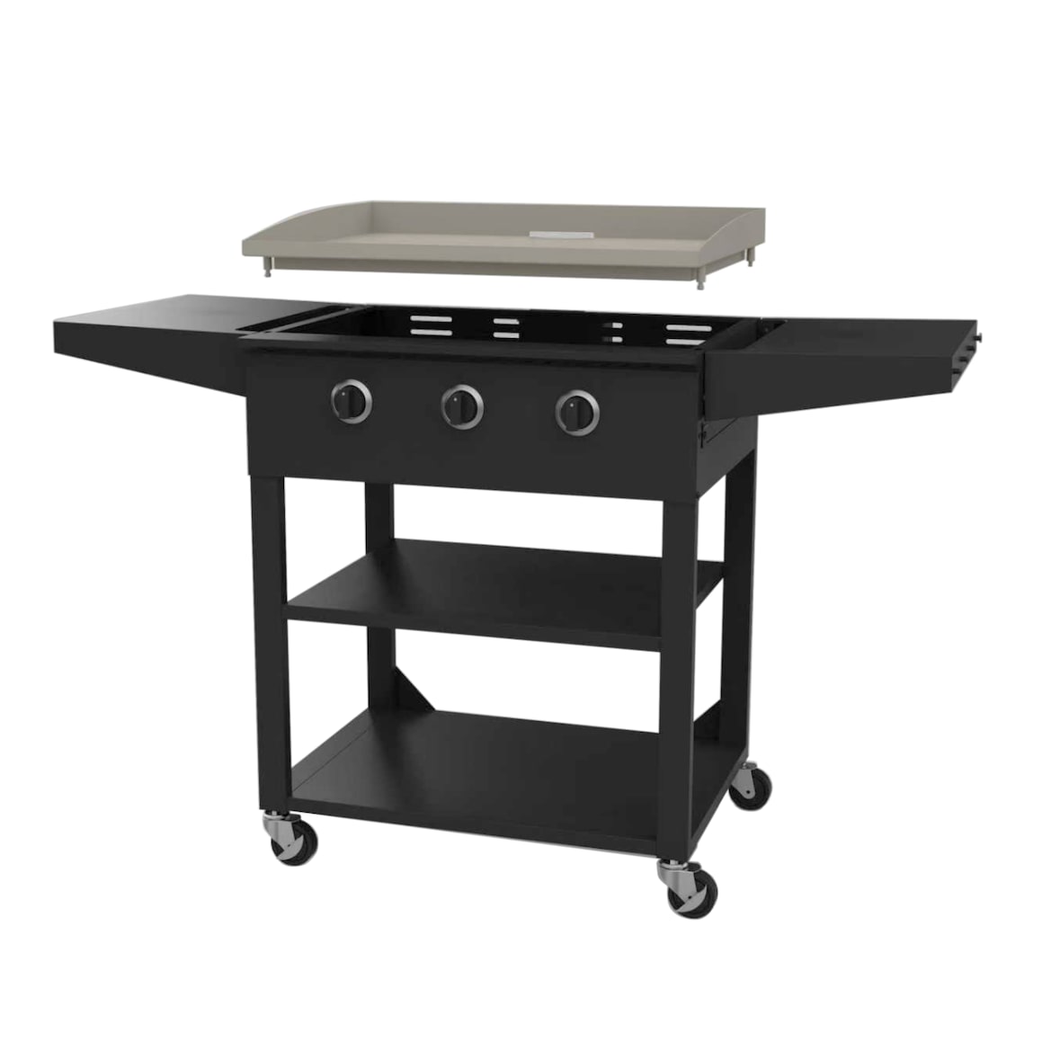 aro 3-pits gasgrillplaat, grilloppervlak 73 × 55 cm, met zijtafel, verrijdbaar, roestvrij staal, zwart