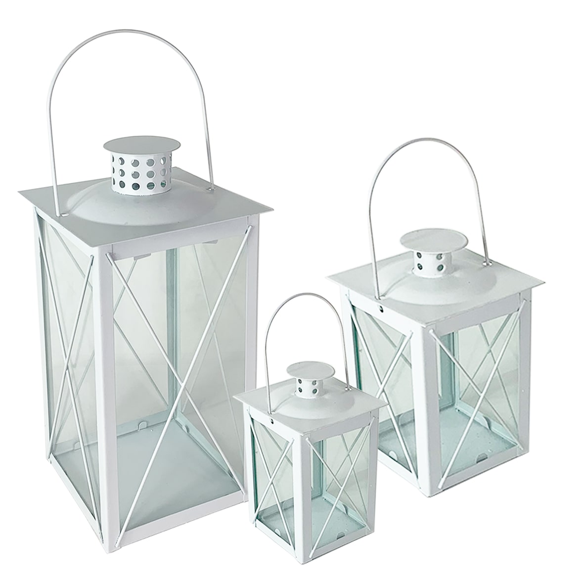 3er Set schöne Laternen Windlicht Weiß Metall mit Griff