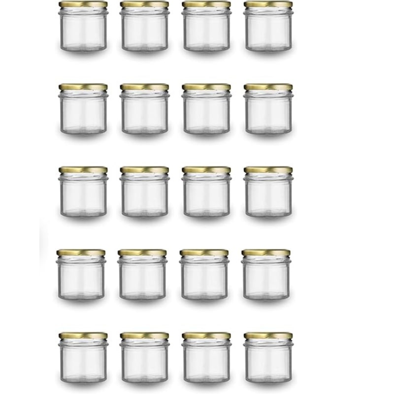 Lote de 20 tarros de vidrio vacíos 130 ml con tapa dorada - Para mermeladas, miel, conservas y yogur