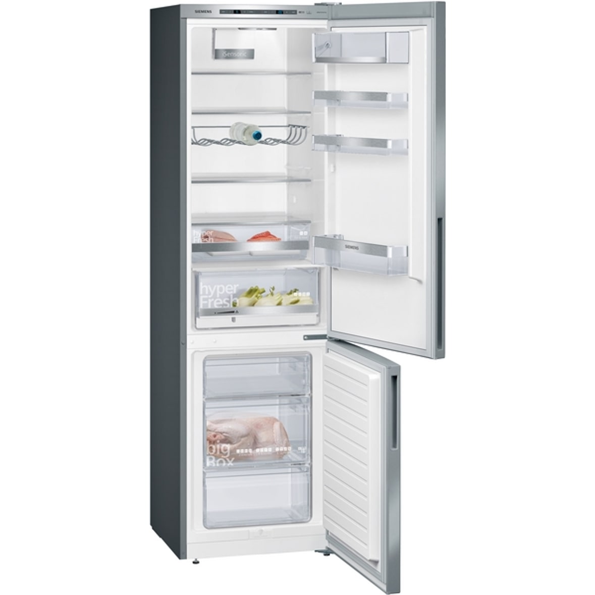 Siemens iQ500, Freistehende Kühl-Gefrier-Kombination mit Gefrierbereich unten, 201 x 60 cm, Gebürsteter Stahl AntiFingerprint KG39E8IBA