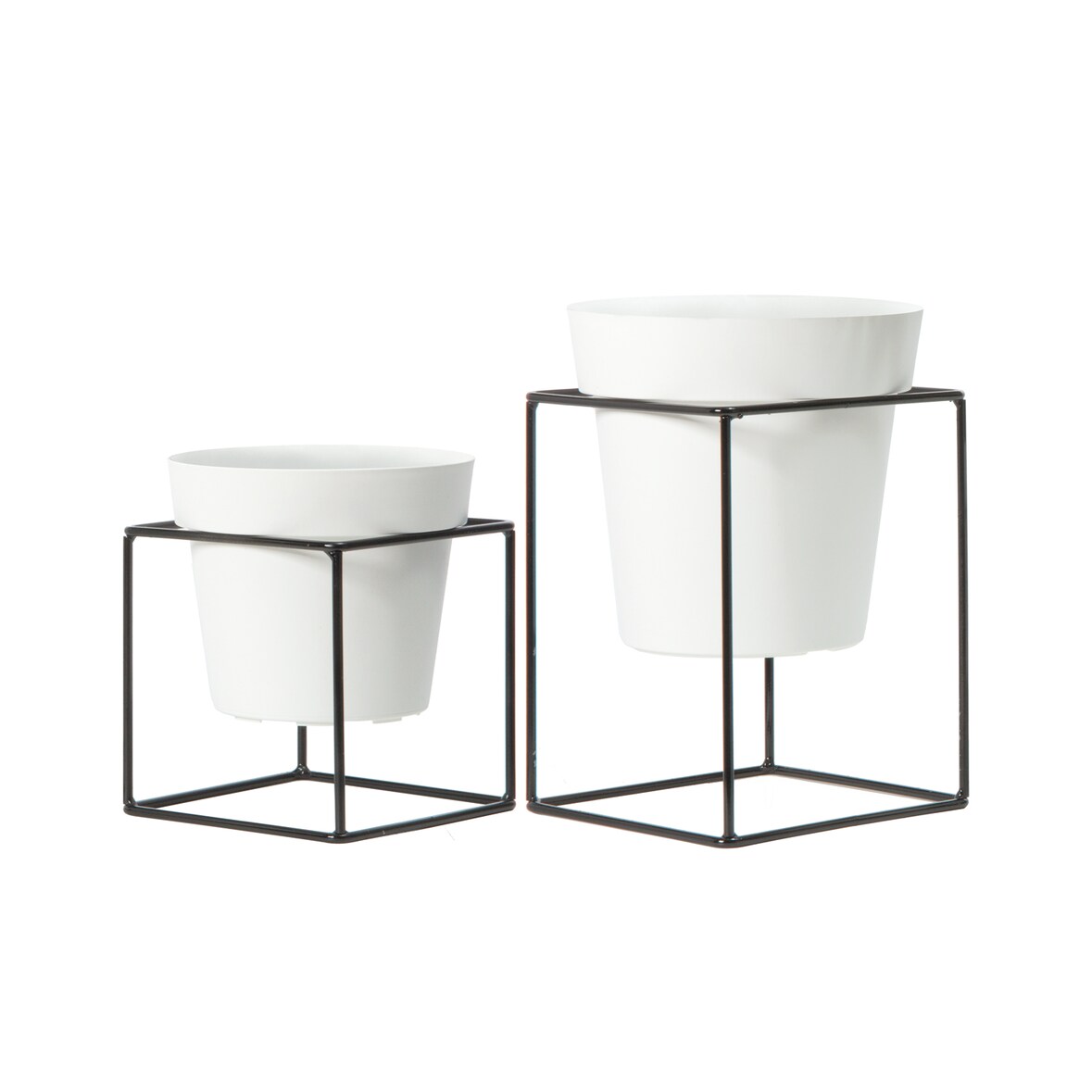 Blumentopf / Pflanztopf, mit Metallständer, 2er-Set, weiß / schwarz, Metall / Polypropylen