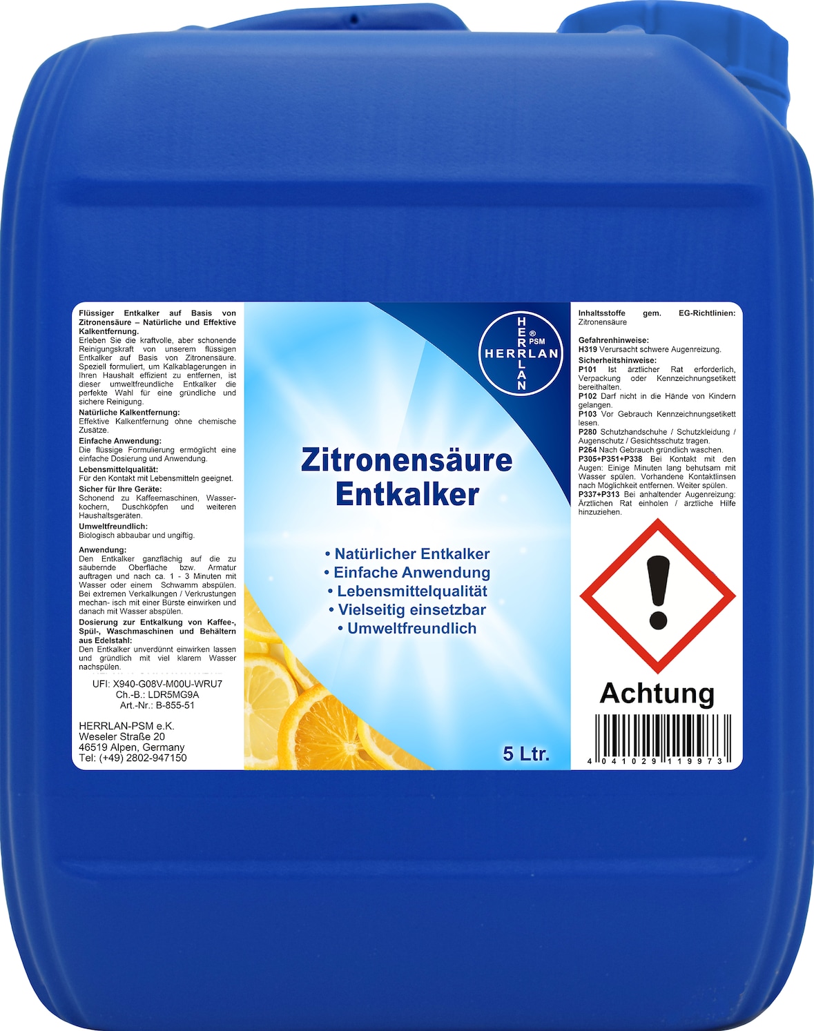 Zitronensäure-Entkalker - 5 Liter - Leistungsstarker Entkalker für Haushaltsgeräte und Oberflächen - HERRLAN-Qualität - Made in Germany