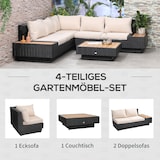 thumbnail of Loungeset aus Kunststoffrattan und Polyester in Schwarz, 4-teilig, mit Beistelltisch, Seitenablagen und 10 cm Polstern