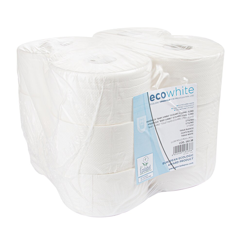 Papel Higiénico "Baby Jumbo" Ecolabel 2 Folhas - 0,5 Kg  17 G/M2 Ø19,5X9,5 Cm Branco Tissue (12 Unidades)