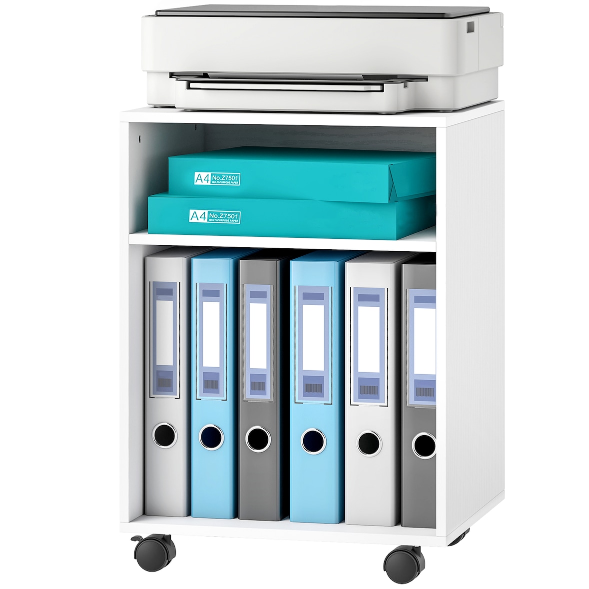 HOMCOM Mobile Porta Stampante con Ruote e 2 Ripiani in Legno Bianco