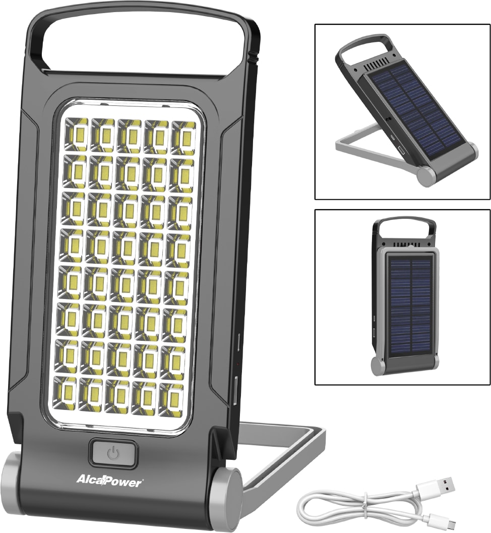 Alcapower Tragbare LED-Lampe 500lm, 4500mAh Akku, USB-C, Solarpanel, 40 SMD 5730, 6500K Licht, Dimmbar