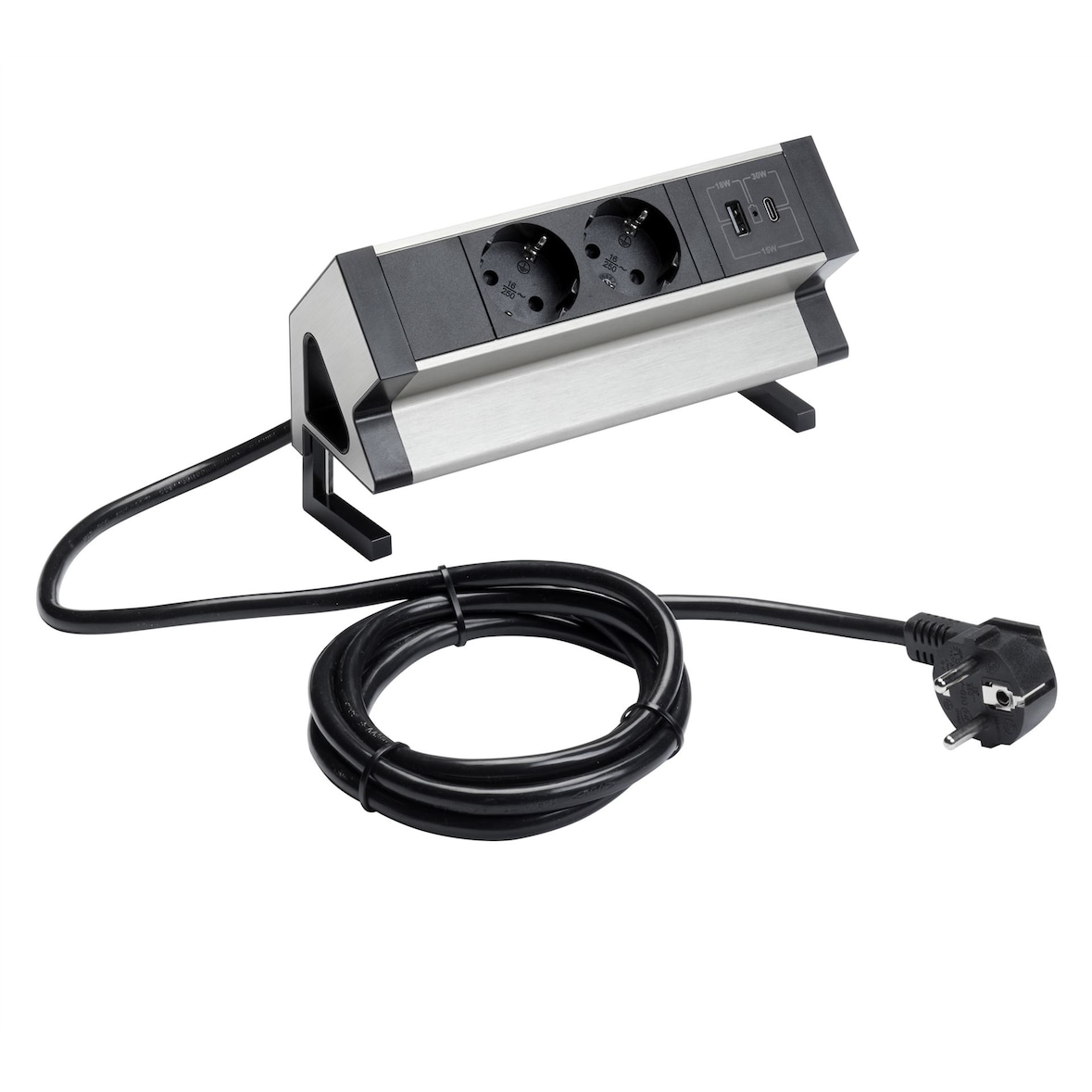Auftisch Power Steckdose mit  2x Schuko, 1x USB-C, 1x USB-A, mit Zuleitung 1,5m, schwarz