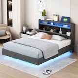 thumbnail of Merax Polsterbett 140x200 cm mit USB-Steckdose & LED-Licht, verdecktes Fußteil, Doppelflachbett, Erwachsenenbett, Leinenstoff, grau