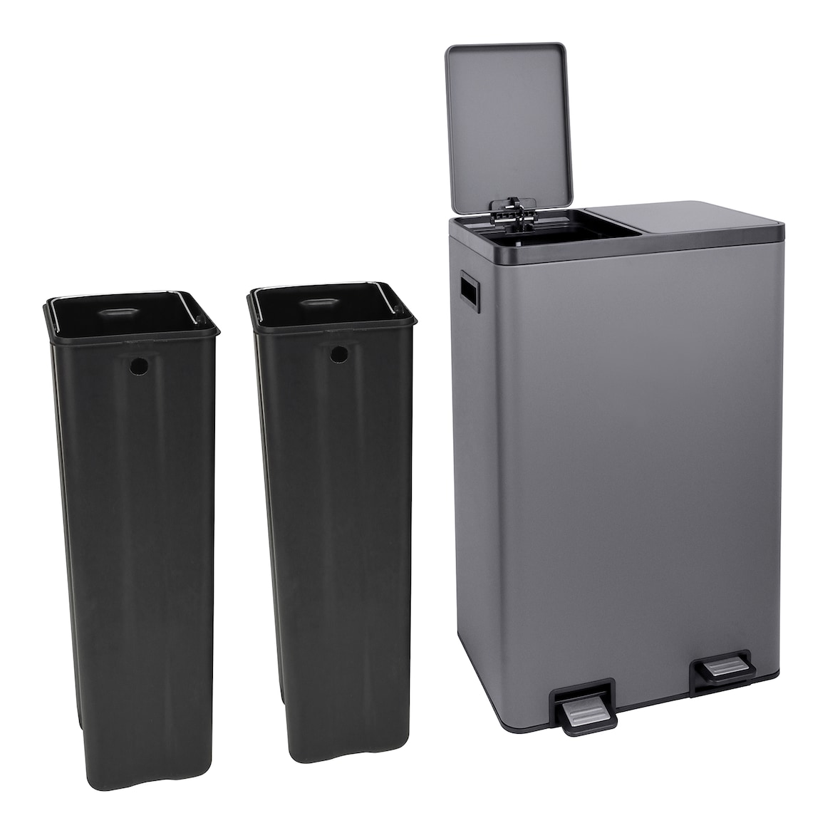 SVITA TMH2X30 Mülleimer 60L Mülltrennsystem 2 Fächer 2x30L Softclose-Deckel Pedal versteckbar Kunststoff Inneneimer Grau