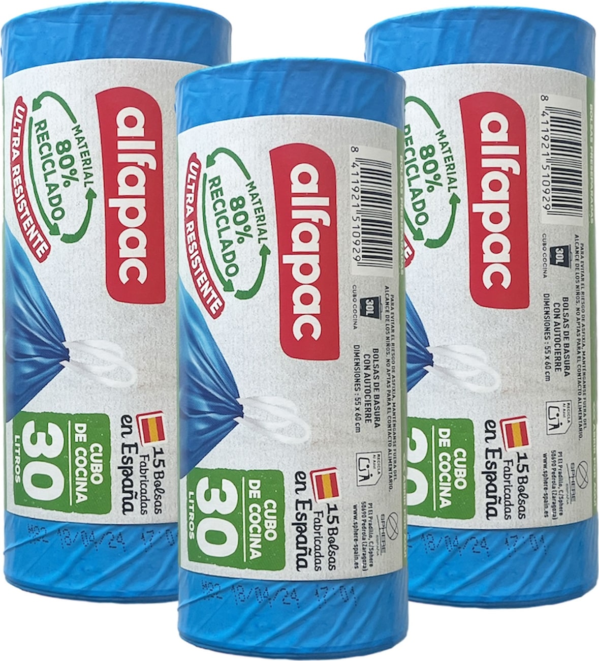 Alfapac - Müllbeutel 30L 55x60cm mit Selbstverschluss, 3 Rollen x 15 Stück (80% Recycelt)