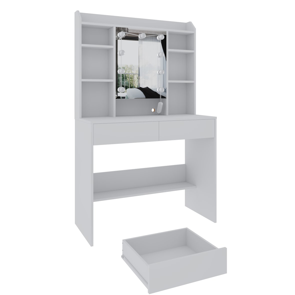 Toeletta Tavolino Trucco Tavolo Con 9 Luci LED Luminosità E Tonalità Regolabili Specchio 2 Cassetti 7 Vani A Giorno Mensole 40 x 90 x 144.7 Cm Bianco