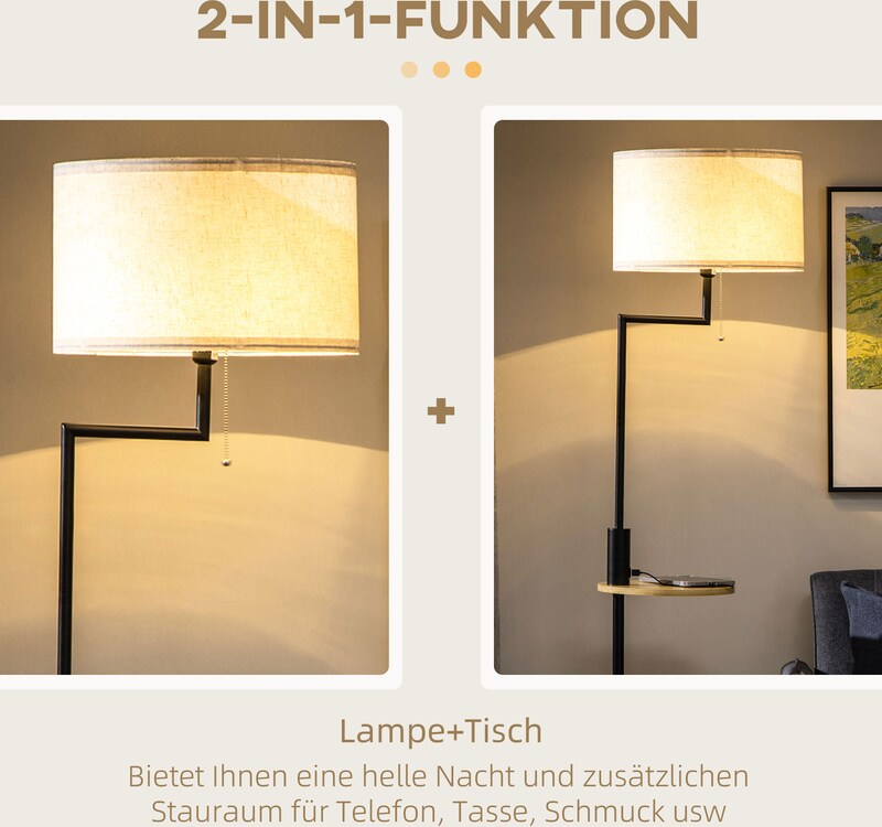 Eine Stehlampe mit einem kleinen Tisch.