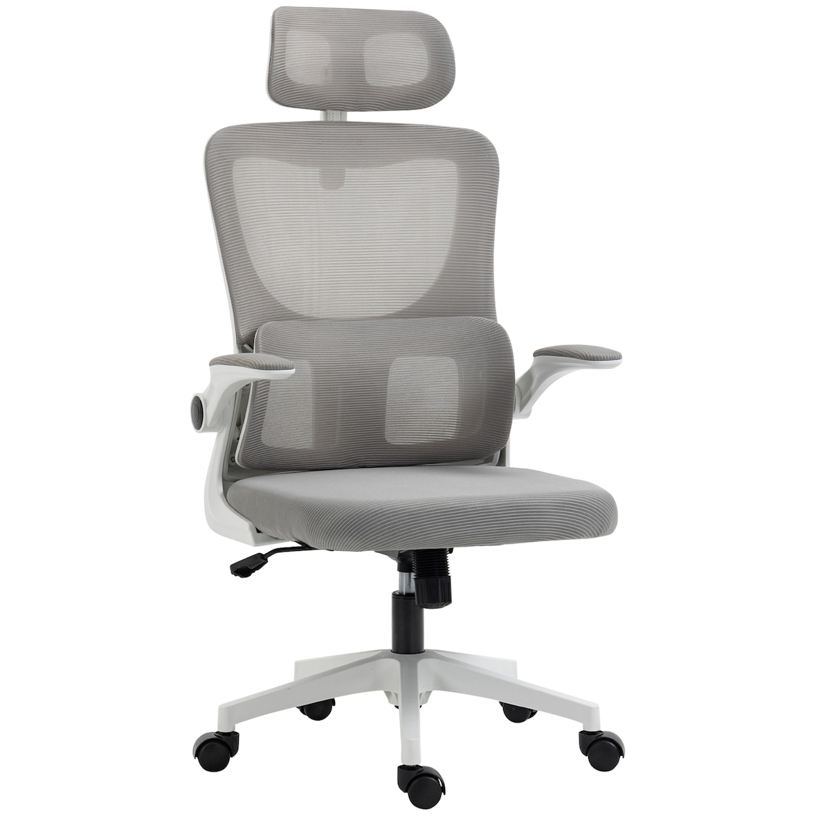 Ergonomischer Bürostuhl Mesh Grau 60x59x122 cm höhenverstellbar 45 bis 53 cm mit Armlehnen Kopfkissen Wippfunktion Lendenstütze