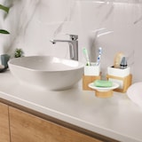 thumbnail of Relaxdays Badezimmer Set, 4-teiliges Badzubehör aus Keramik und Bambus, Seifenspender und Zahnputzbecher, natur-weiß