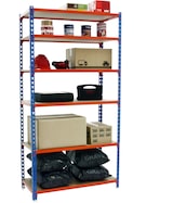 thumbnail of SimonRack Estantería Metálica, 2500x900x500 mm, 6 Alturas, Bandeja Madera, 150 kg de Punto Flexión, Azul/Naranja/Madera - Maderclick