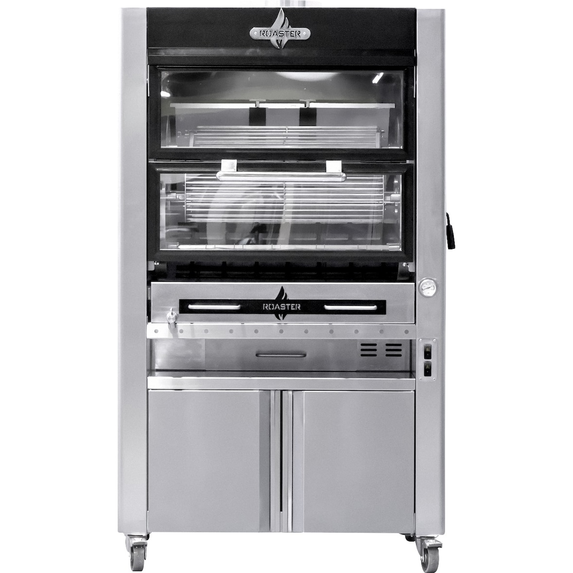 Girarrosto a carbonella 18-24 polli con 6 spiedi su supporto con rotelle dimensioni 1090x920x1930 acciaio inox e nero