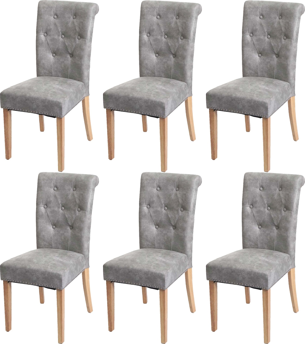 6er-Set Esszimmerstuhl gepolstert | HxBxT 98x47x62cm | Sitzhöhe 42cm | Nieten | Stoff/Textil | helle Beine | Hellgrau | Stuhl Küchenstuhl