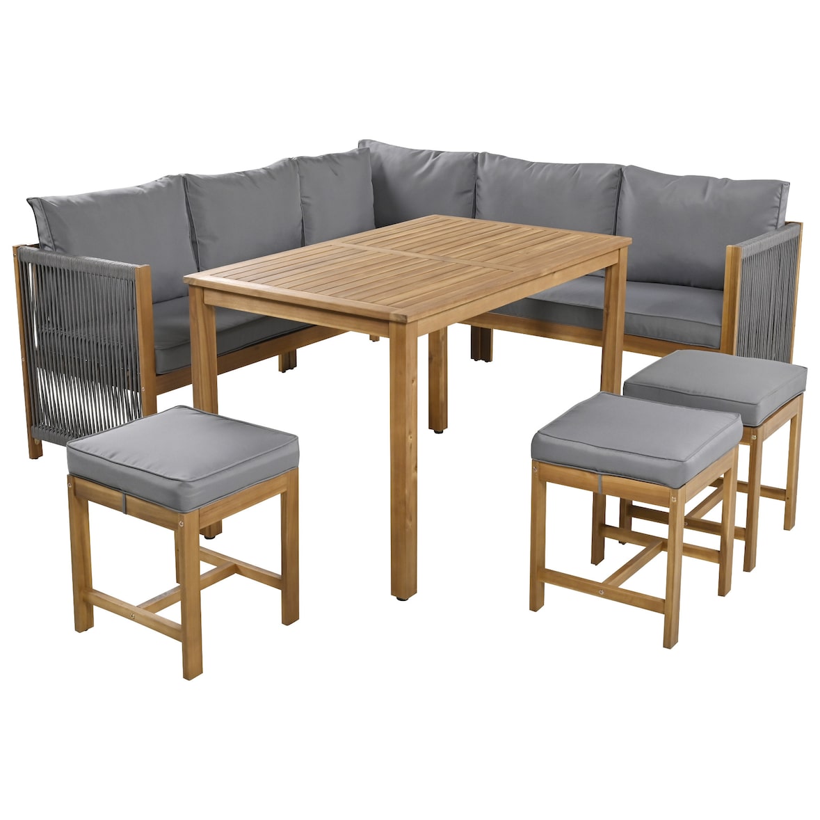 Merax Gartenlounge-Set für 8 Personen, Gartenmöbel Sitzgruppe(7-tlg), mit Seilgeflecht, Akazie, Grau