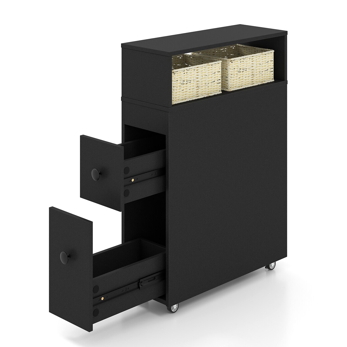 COSTWAY Armario empotrado con ruedas, cajones, cestas de mimbre y soportes para cepillos, 50 x 19 x 72 cm (negro)