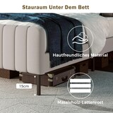 thumbnail of Polsterbett 140×200 mit verstellbarem Kopfteil, Lattenrost, gepolstert, Leinenbezug, Massivholz- und Metallrahmen, Grau-Beige