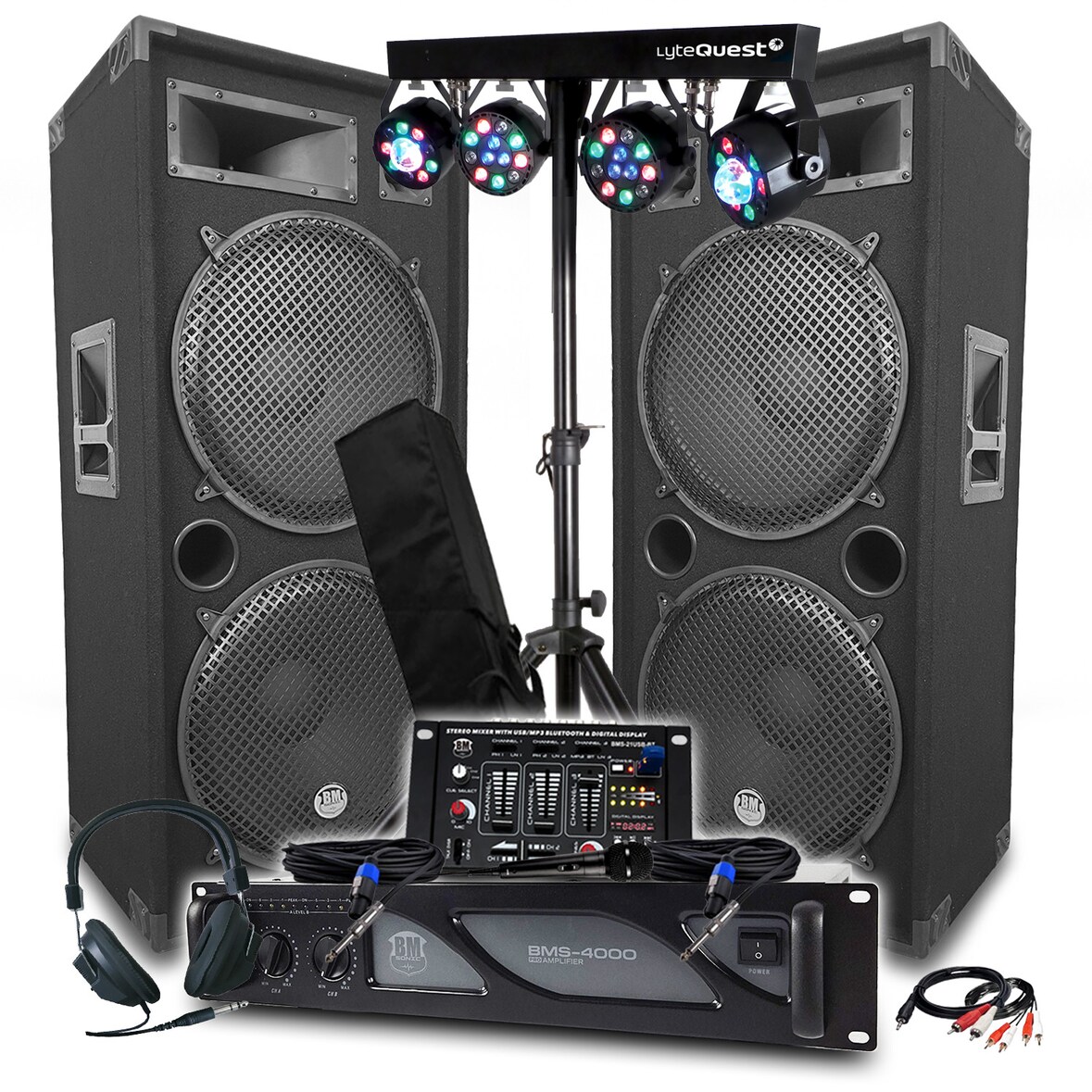 Pack Sono BM SONIC Amplificateur 4000W, Paire d'Enceintes LSC215 2x2000W, Table de Mixage Bluetooth, Portiques 8 Lumières LED