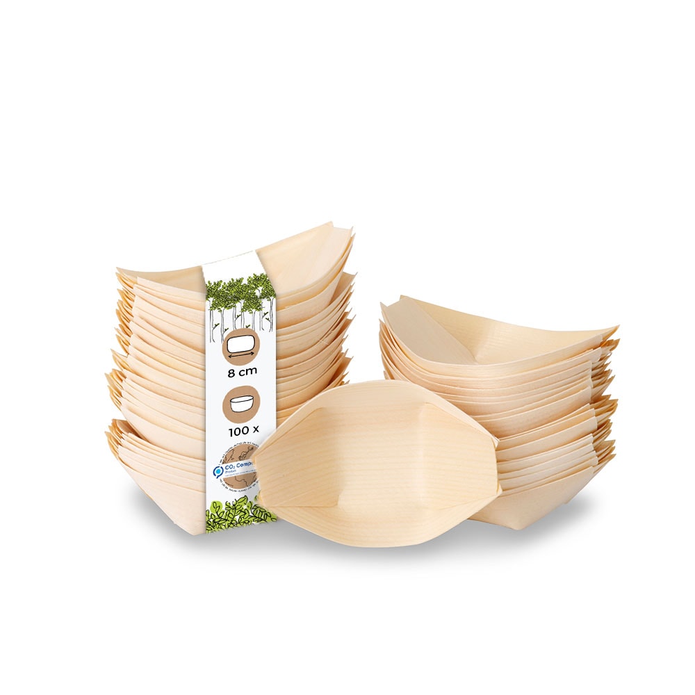 BIOZOYG 100 Stück Snackschalen Einwegschalen Holzschiffchen 80mm, biologisch abbaubar, für Fingerfood, Schalen aus nachhaltiger Forstwirtschaft