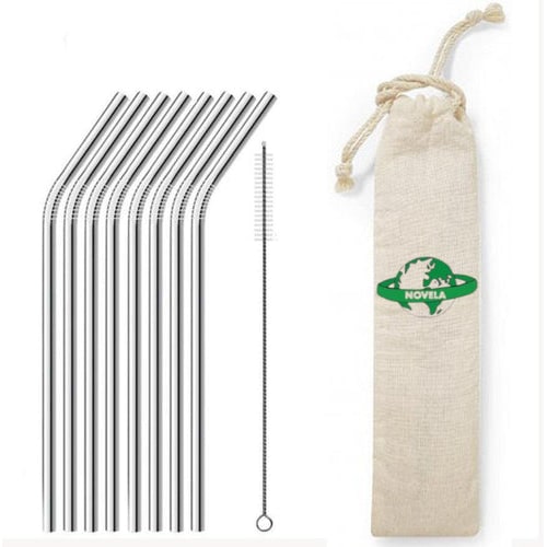 Pailles en inox courbées lot de 8 avec pochon et goupillon