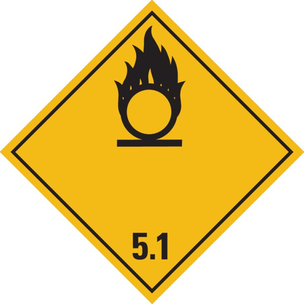 Gefahrzettel, Gefahrgutklasse 5.1 - Entzündend (oxidierend) wirkende Stoffe - 100x100 mm Folie selbstklebend