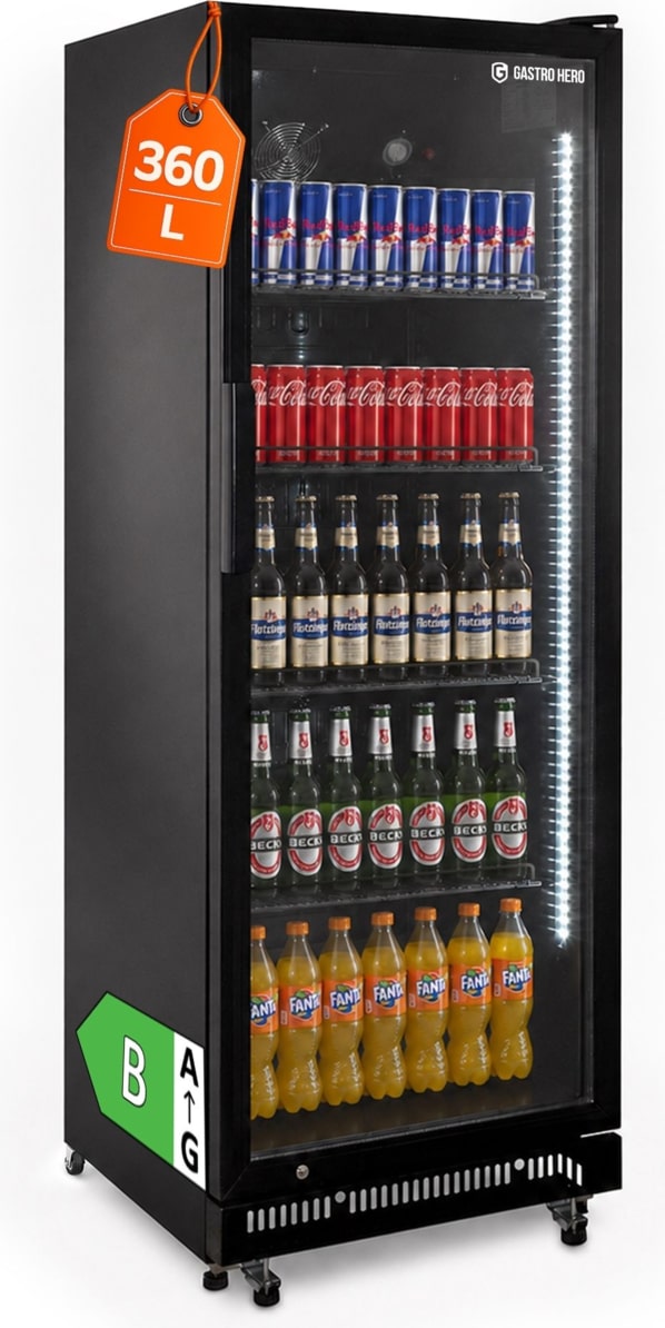GastroHero Getränkekühlschrank GKSE360 360 Liter Umluftkühlung Glastür LED abschließbar 5 Roste schwarz Gastro Kühlschrank