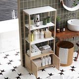 thumbnail of HOMCOM estantería de baño de bambú con 3 estantes abiertos estantería de almacenaje con puertas de lamas 63x30x138 cm natural y blanco