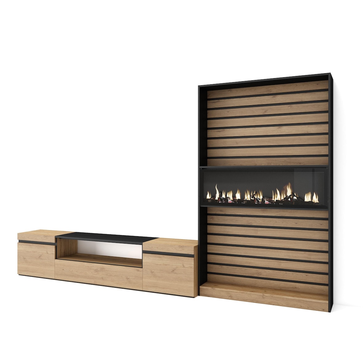 Mobile Soggiorno TV, Parete Attrezzata Soggiorno, 310x35x186cm, Per TV fino a 80", Camino elettrico, Stile moderno, Rovere e nero _ 97_38