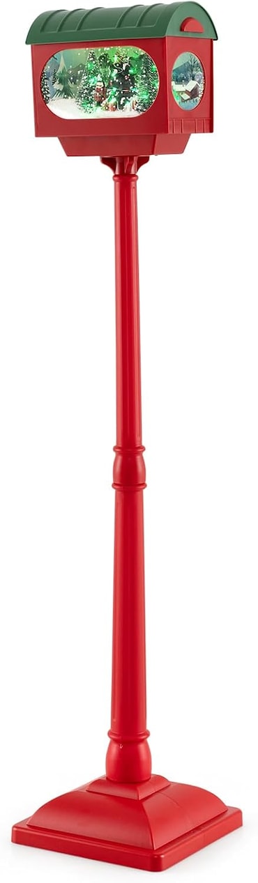 Linterna navideña iluminada COSTWAY, decoración navideña roja de 150 cm con música y poste con nieve activada por sonido.